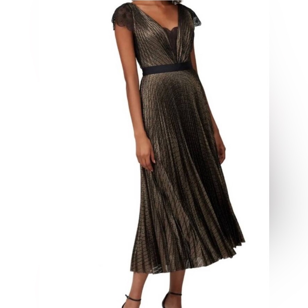 CATHERINE DEANE Women's Novia Black Metallic Lace Mesh Pleated Midi Dress Size 2